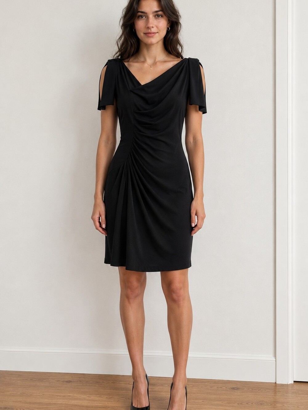DAVID MEISTER BLACK DRAPED SHEATH COCKTAIL DRESS ASYMMETRIC NECK SIZE 6 MADE IN